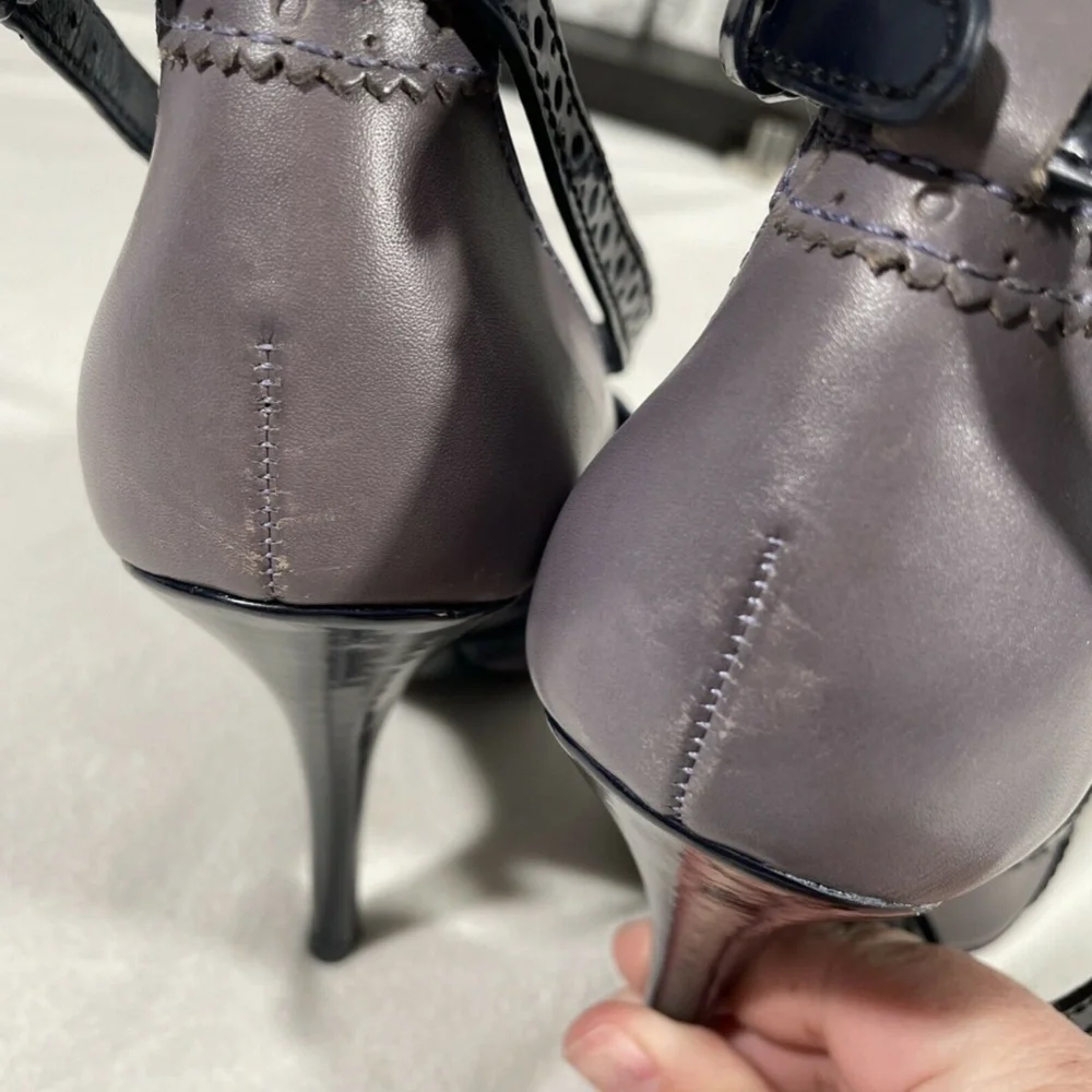 NWD [ 2 LEFT SHOES ] Tory Burch Judith Pointed Toe Strappy Pumps Navy Gray in 9M